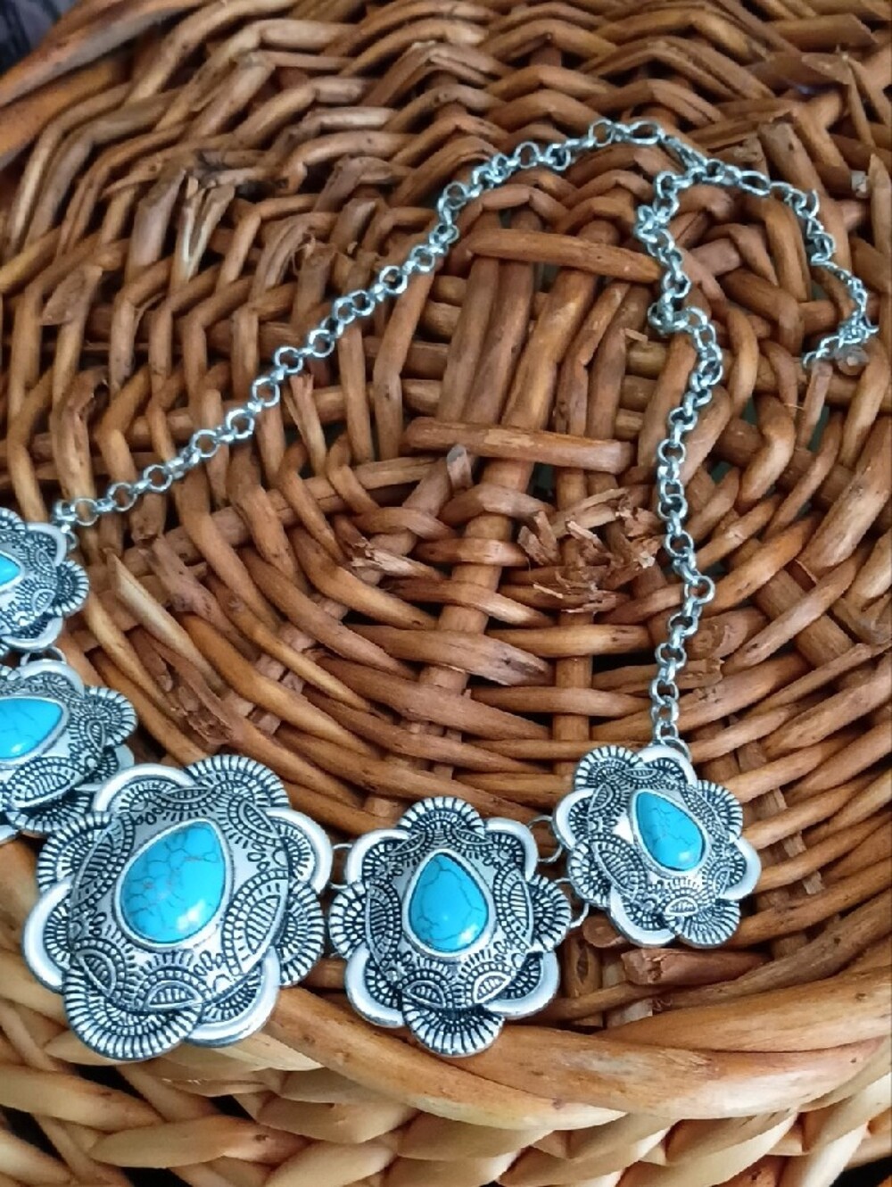 Turquoise Stone Silver-Plate Statement Necklace - Women Jewelry - Picture 3 of 7